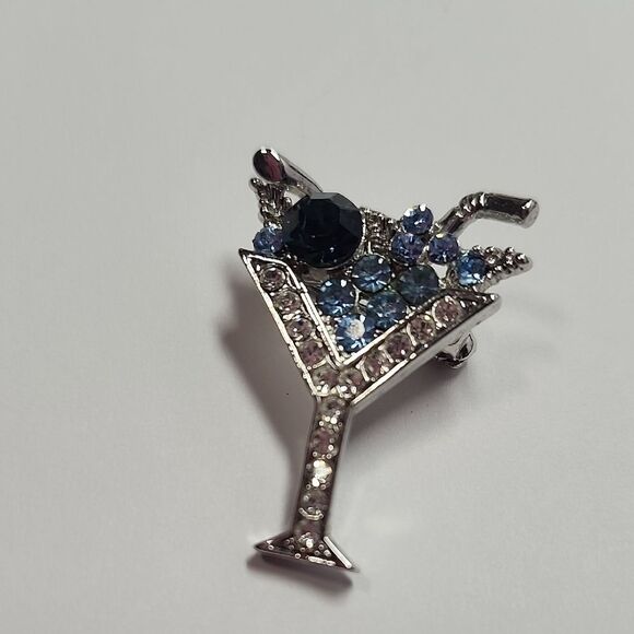 Silver-Tone Blue Crystal Martini Brooch - Women Jewelry - Picture 2 of 4